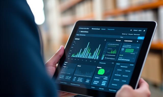Digital interface and logistics management screens in warehouse